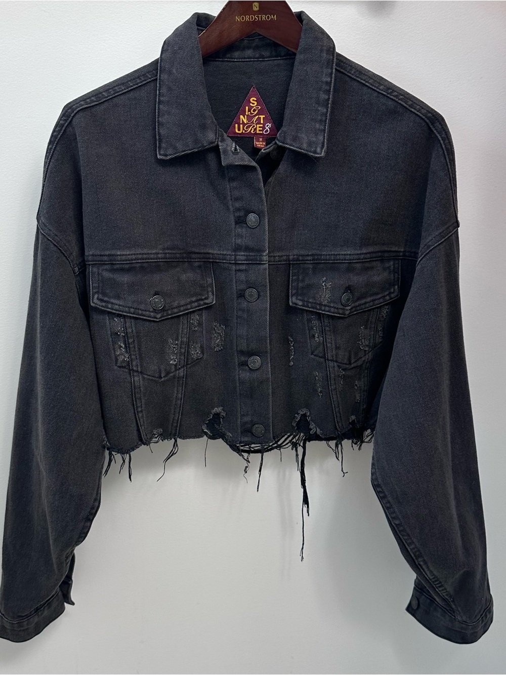 Signature 8 Distressed Cropped Denim Jean Jacket Washed Black Women’s Medium